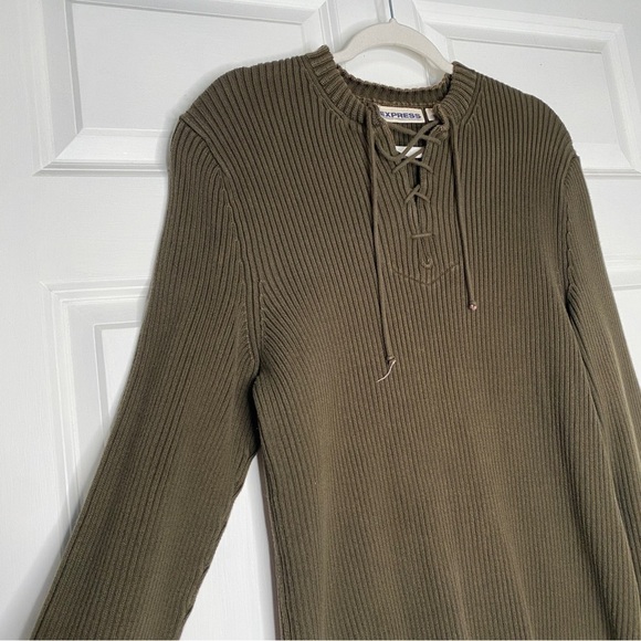 Vintage Express Olive Green Ribbed Knit Heavy Sweater Lace Up Neck Size XL - Picture 2 of 8